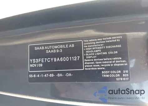 2010 Saab 9-3 z USA, uszkodzony, nr VIN YS3FE7CY9A6001127